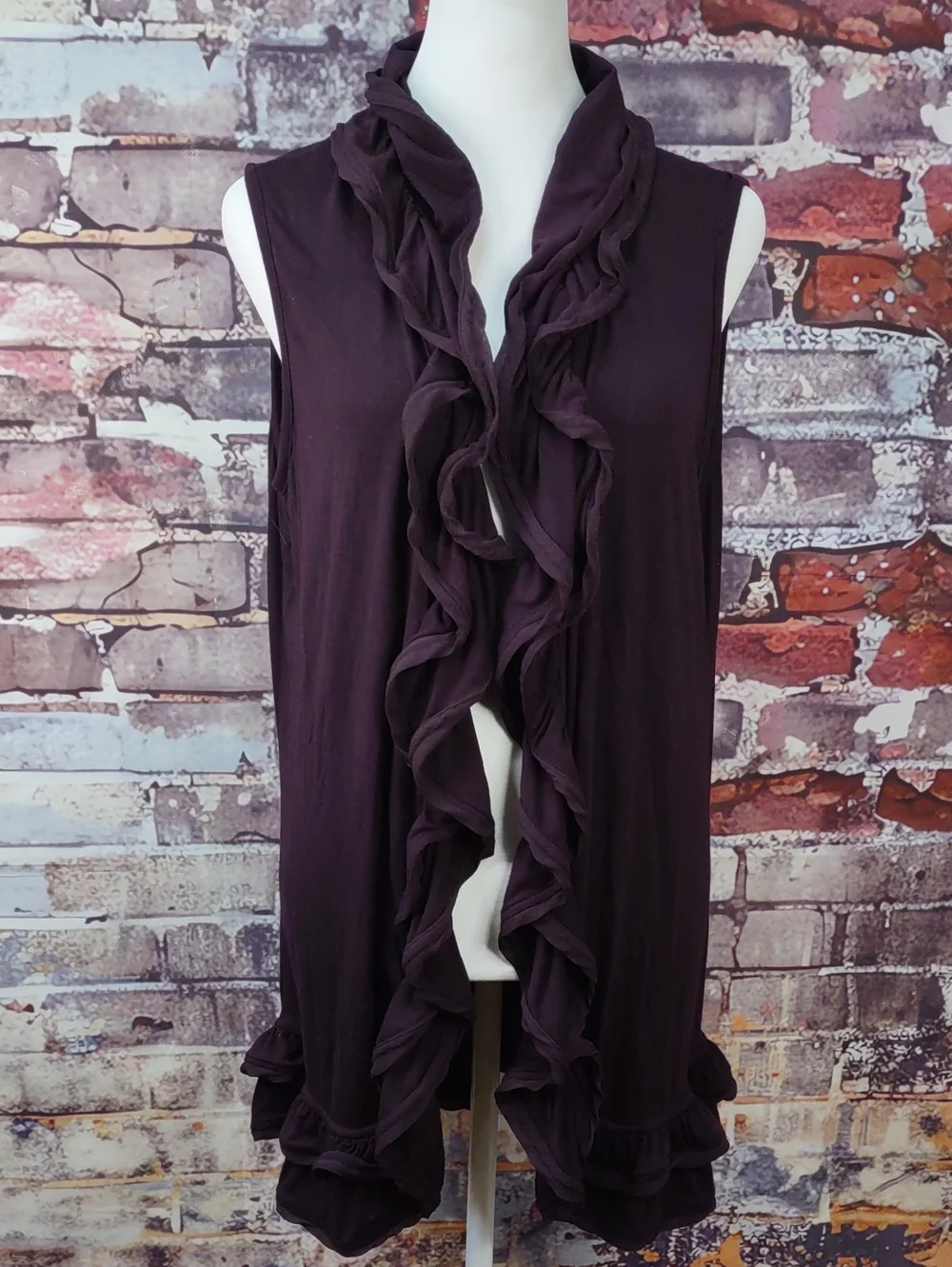 Vivienne Tam Ruffled Open Front Vest- Deep Plum